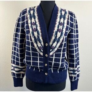 Vintage Lands End 100% Wool Cardigan M Fair Isle Shawl Collar Preppy Sweater